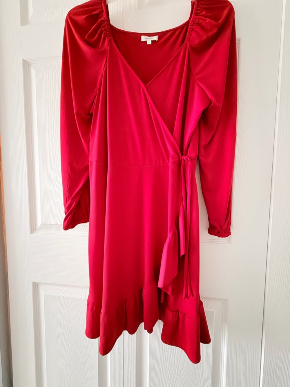 Red Faux Wrap Dress with Ruffle Hem